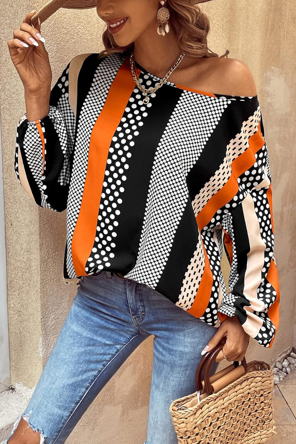 Orange Polka Dot Vertical Striped Printed Puff Sleeve Blouse