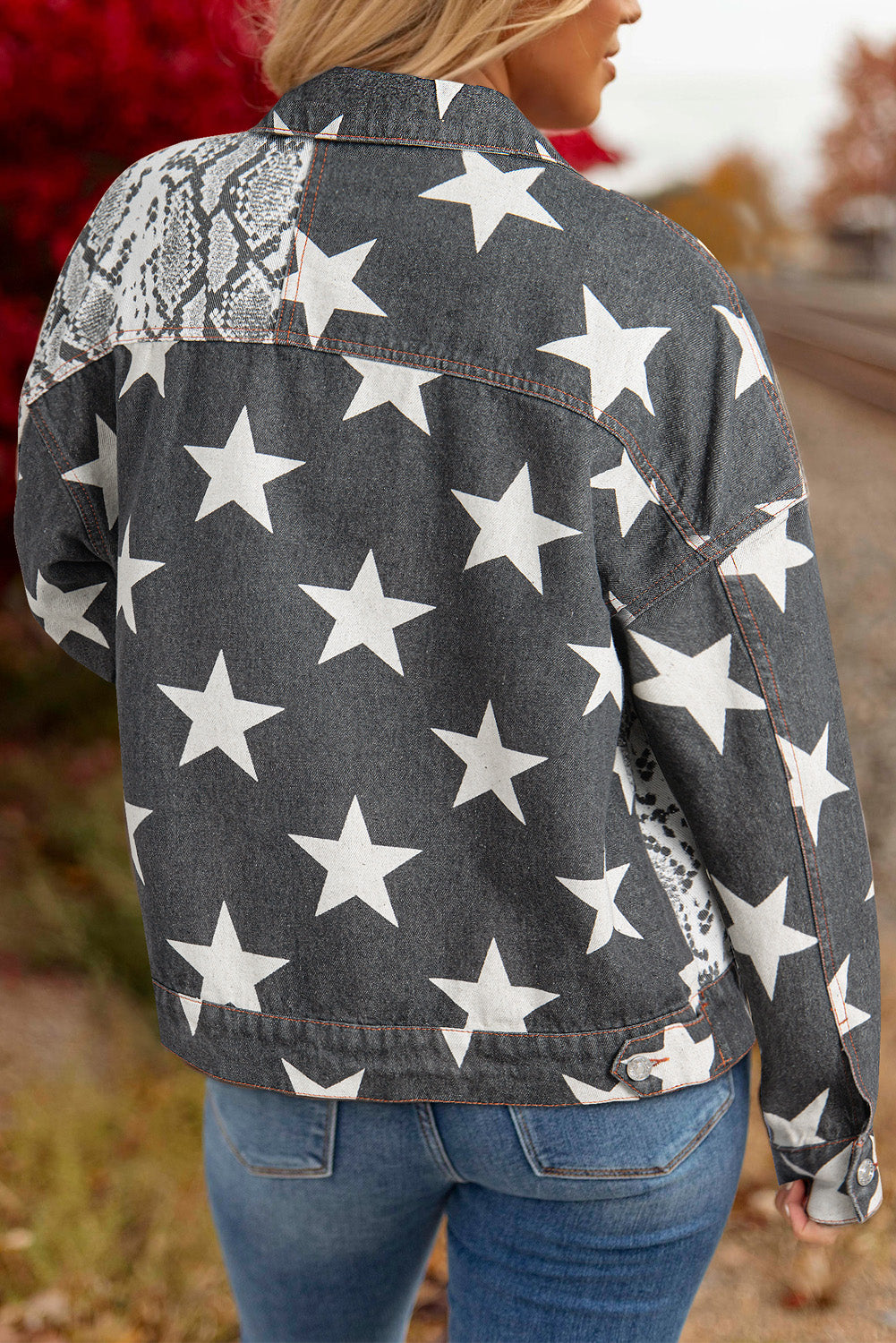 Black Star Snakeskin Printed Patchwork Denim Jacket