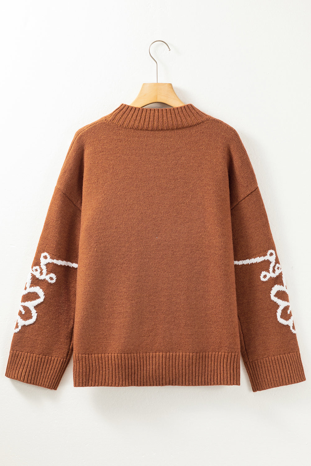 Chestnut Floral Print Ribbed Trim Knitted Sweater