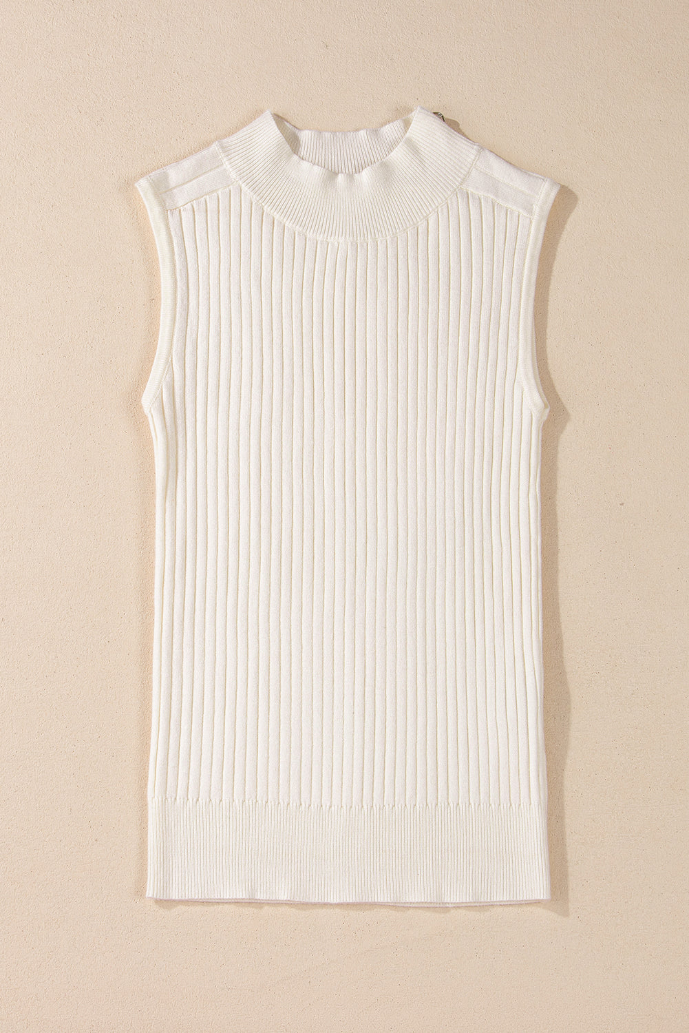 White Ribbed Knit High Neck Sweater Vest