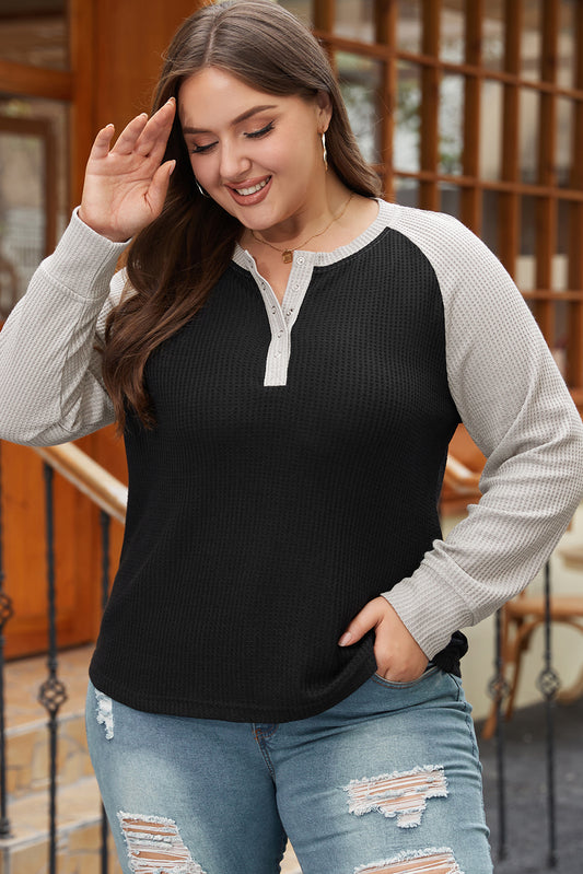 Black Color Contrast Waffle Knit Buttoned Plus Size Top