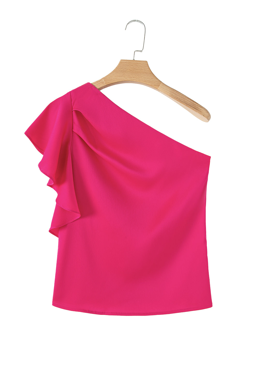 Blusa elegante con hombros asimétricos y mangas con volantes en color rosa fresa