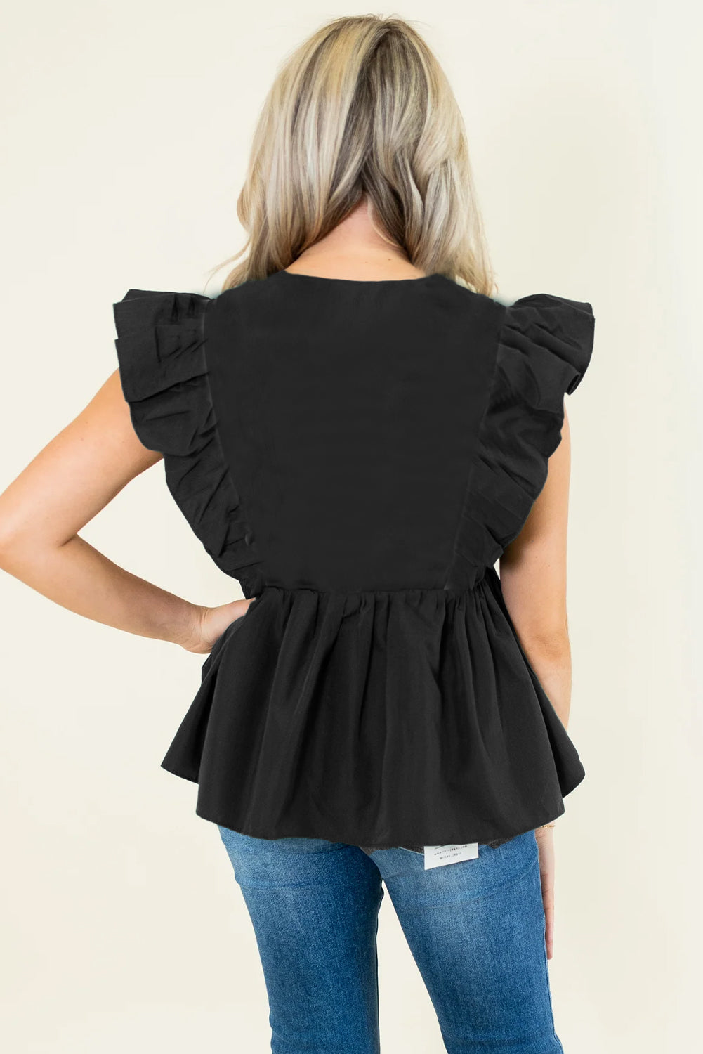 Blusa peplum con escote en V y volantes con ribete Ricrac en contraste negro