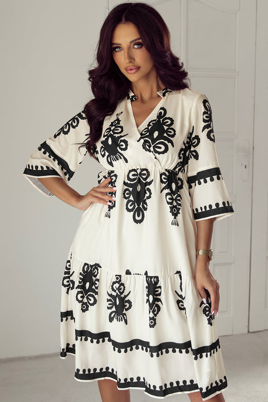 Beige Western Geometric Print 3/4 Sleeve Loose Midi Dress