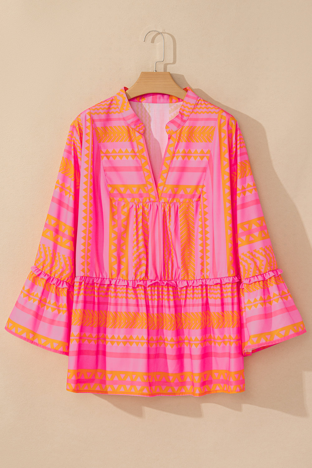 Vitality Orange Plus Size Geometric Printed Bell Sleeve Babydoll Blouse