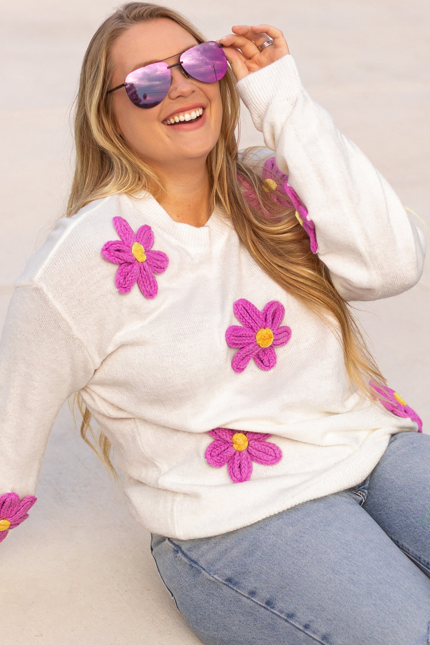 White Plus Size Flower Crochet Drop Shoulder Knit Sweater