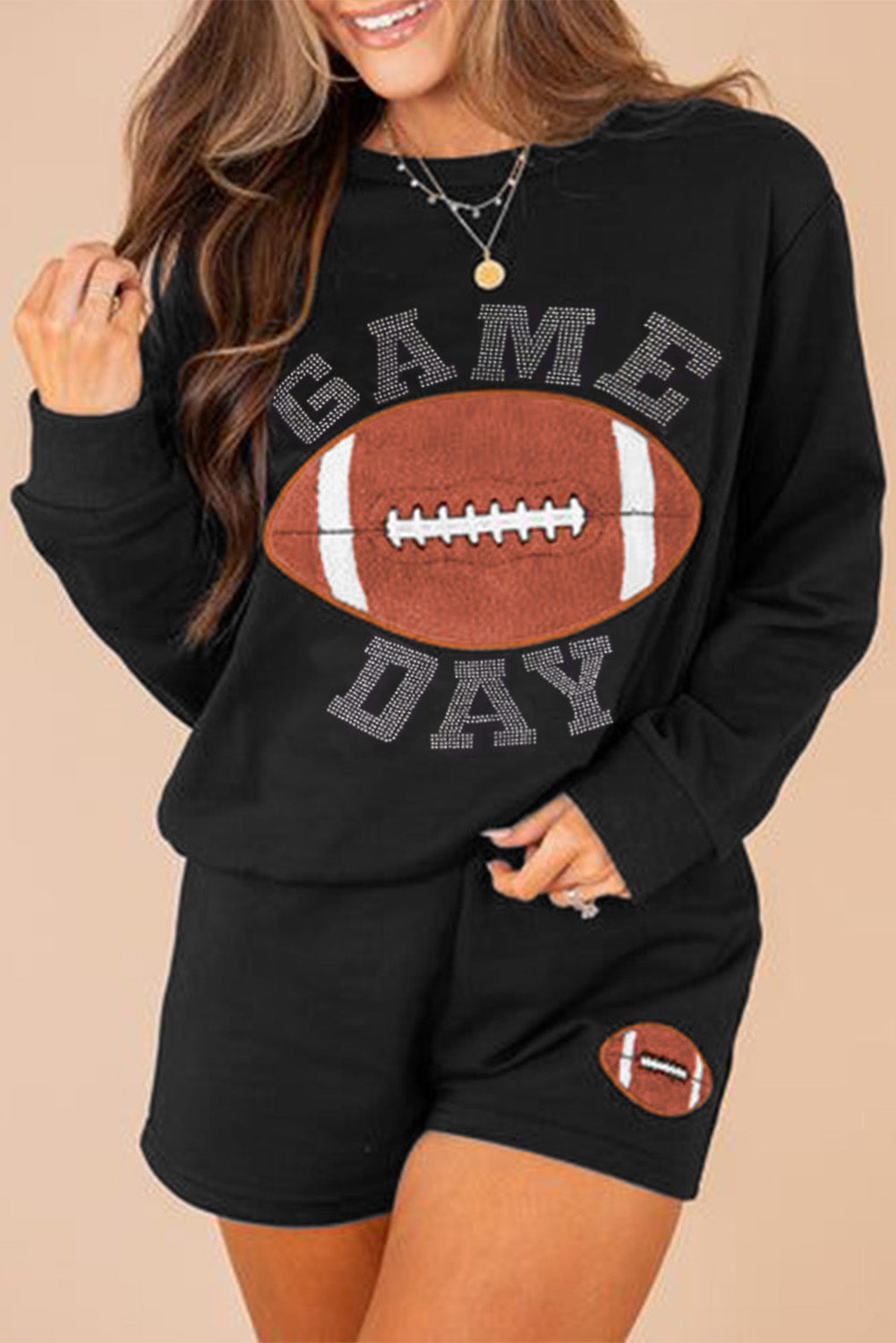 Conjunto informal de jersey y pantalones cortos con estampado de rugby y fútbol GAME DAY en color negro