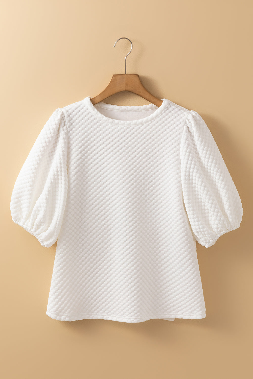 White Solid Textured O Neck Puff Sleeve Blouse