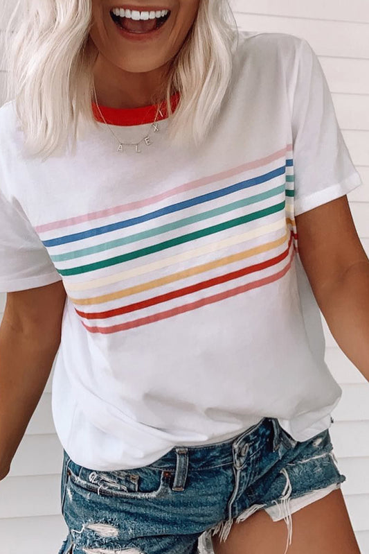 White Rainbow Stripe Print Contrast Crewneck T Shirt