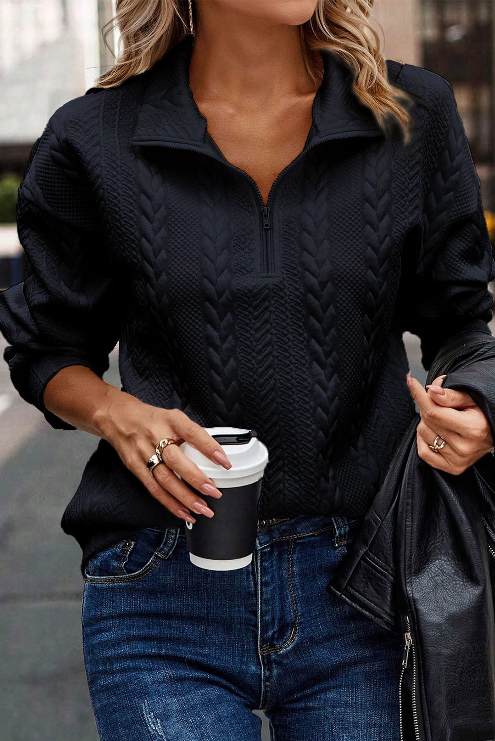 Navy Blue Zip up Cable Textured Sweatshirt