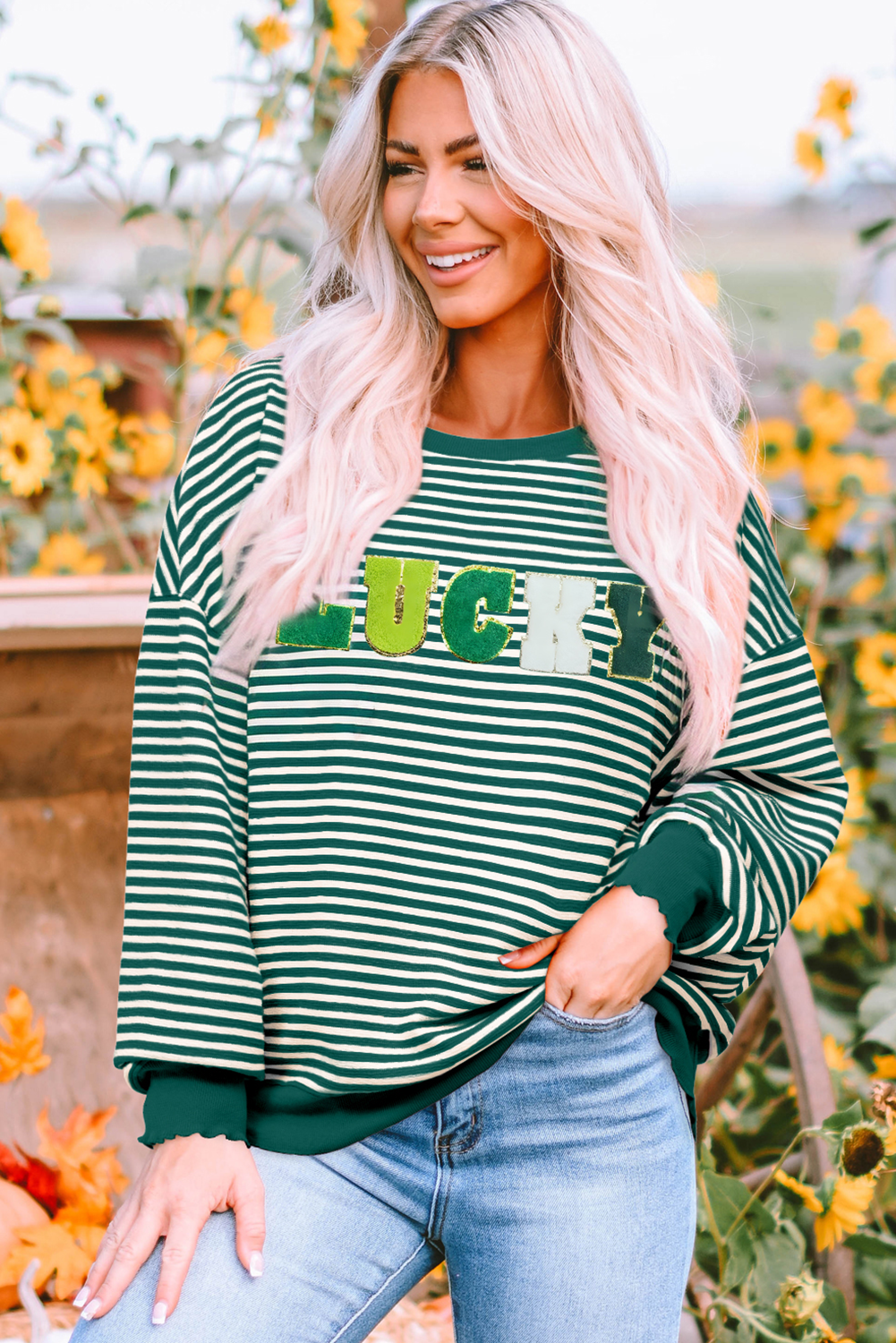 Green Stripe Chenille LUCKY Patched Pattern St Patrick Long Sleeve Top