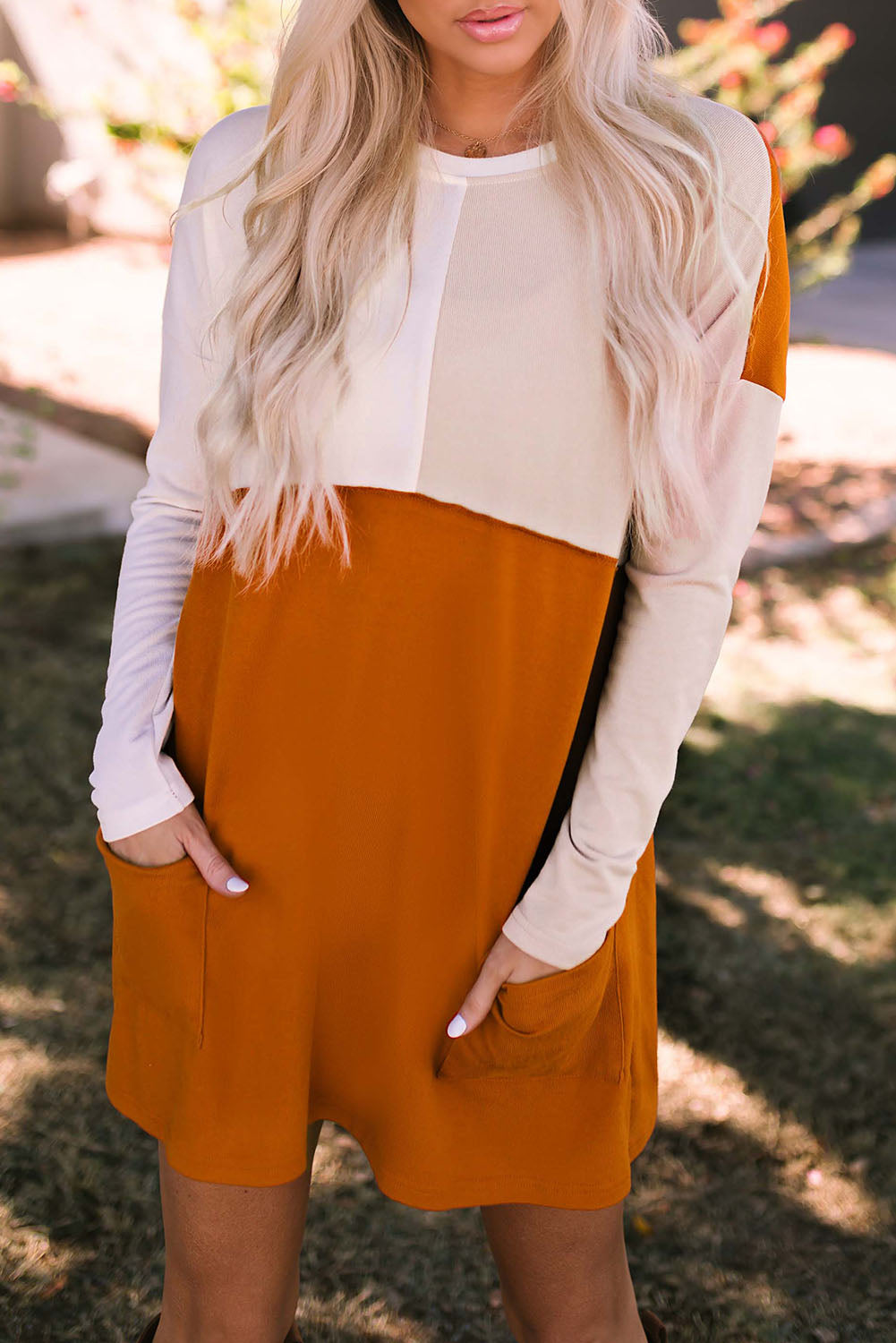 Orange Pocketed Color Block Patchwork Long Sleeve Top