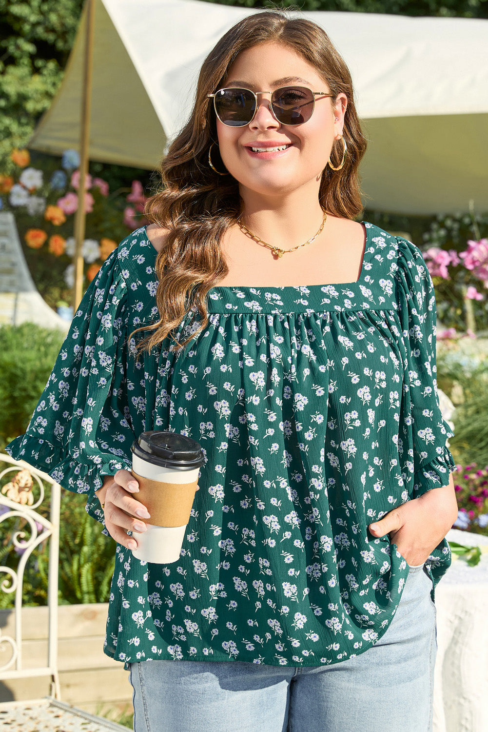 Green Floral Print Square Neck Ruffled Trim Plus Size Blouse