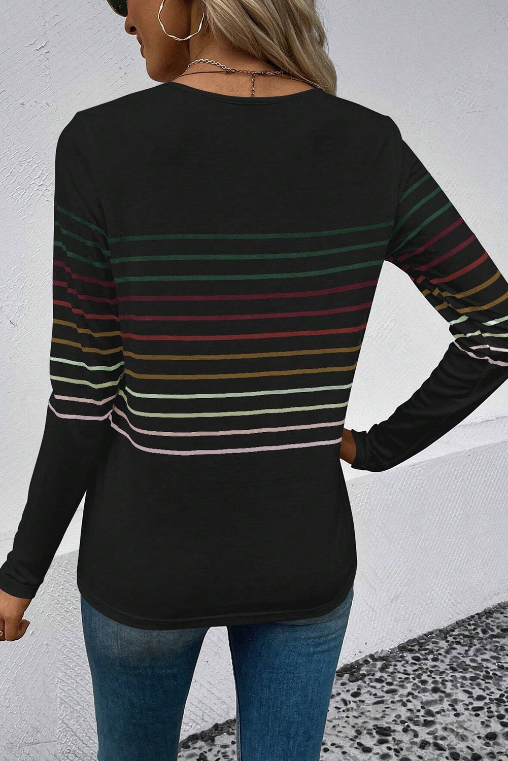 Black Multicolor Striped Crew Neck Long Sleeve Top