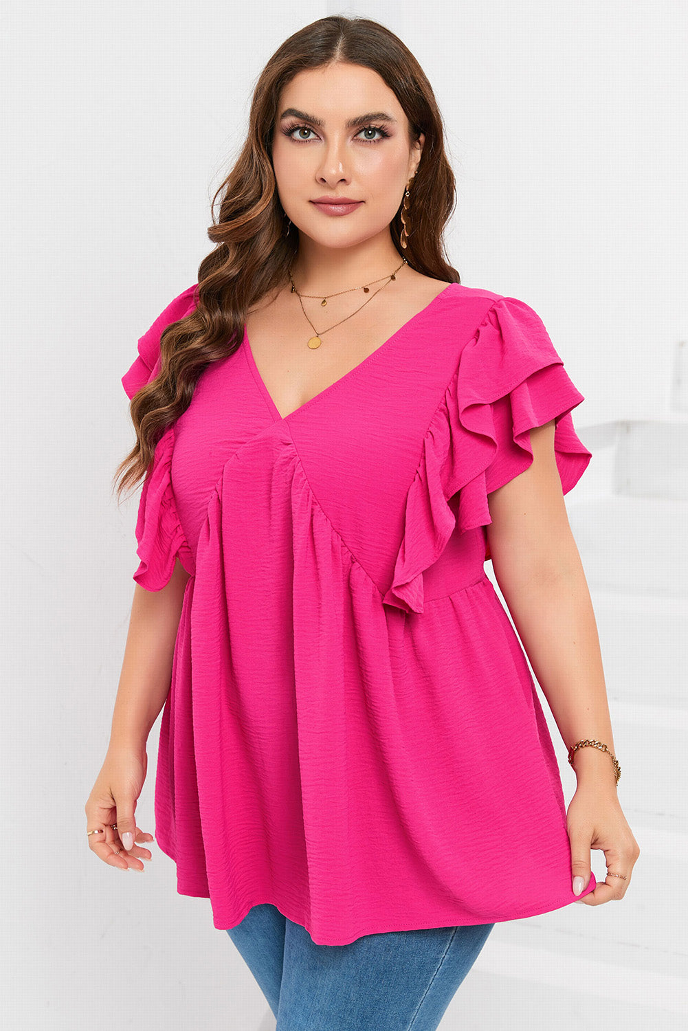 Plus Size Ruffle V Neck Tie Back Tunic Top