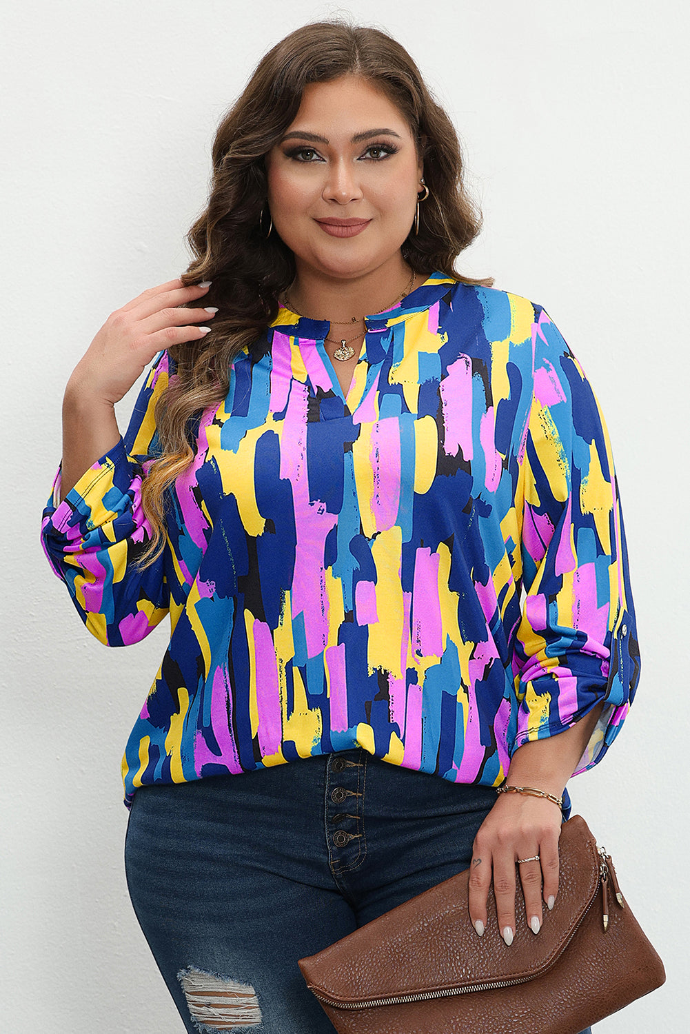 Blusa de manga 3/4 con estampado de pinceladas en talla grande en color azul