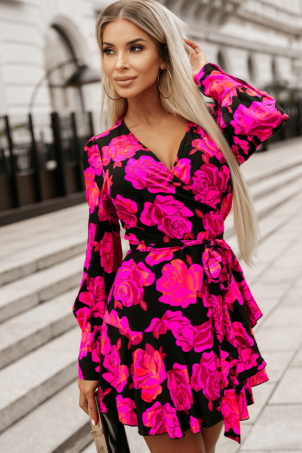 Rose Floral Print V Neck Wrap Bishop Sleeve Ruffle Tiered Mini Dress