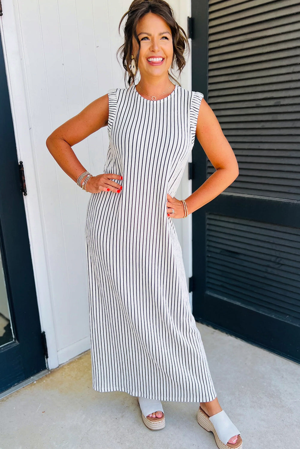 Black White Striped Vest Shift Maxi Dress