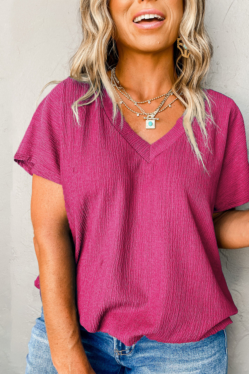 Bright Pink Textured V Neck Bubble Hem Plus Top