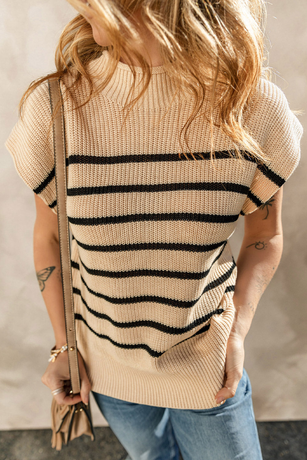 Parchment Striped Ribbed Knit High Neck Sweater