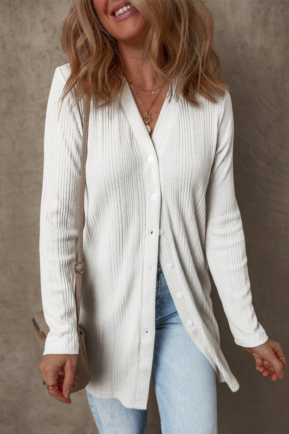 White Solid Color Ribbed Button up Tunic Cardigan