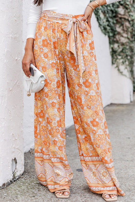 Grapefruit Orange Tie Waist Boho Floral Wide Leg Pants