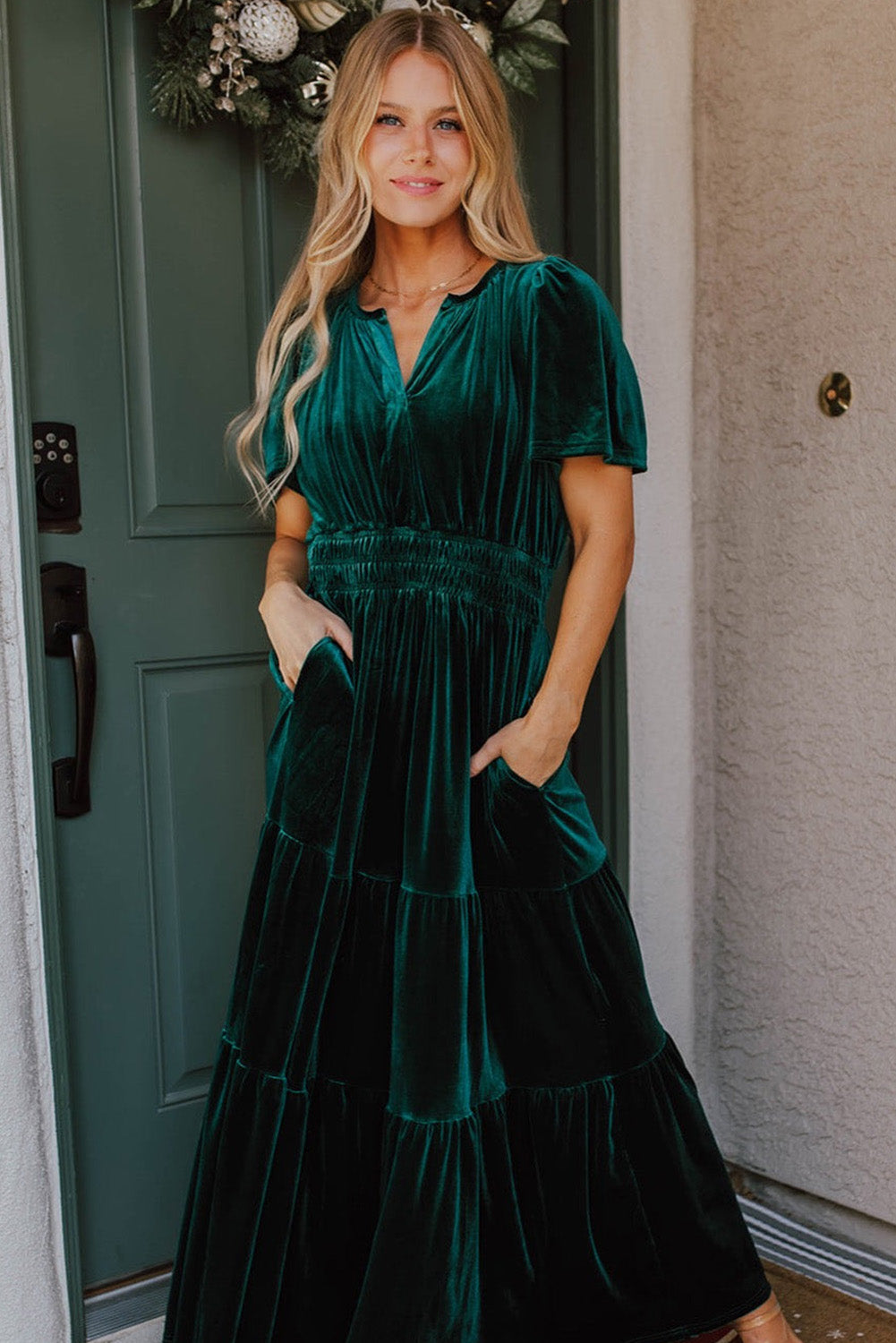 Evergreen Velvet Short Sleeve Shirred Waist Tiered Maxi Dress