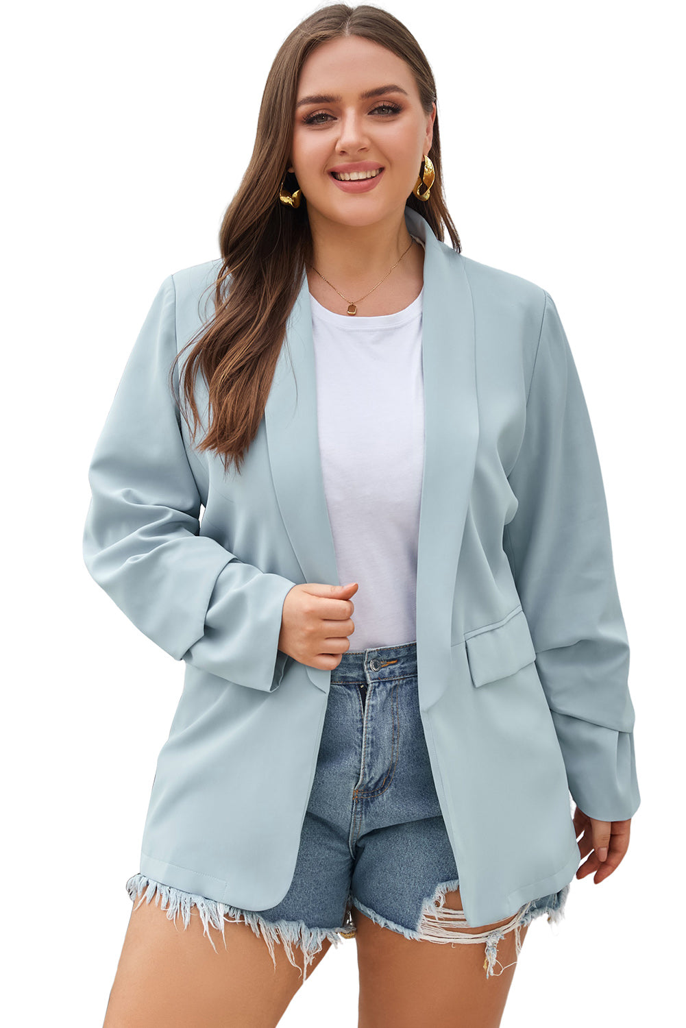 Blazer de solapa con bolsillos, suave y ligero, de talla grande, de color azul cielo