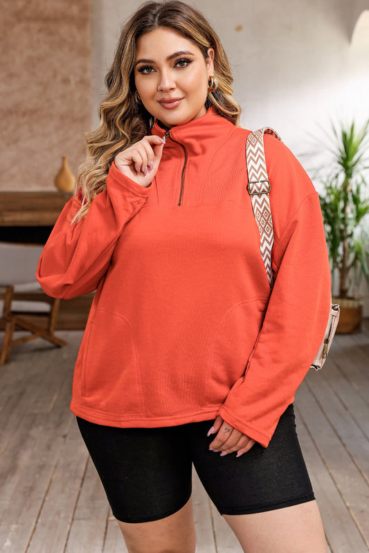 Orange O-ring Zipper Pocketed Plus Size Sweatshirt