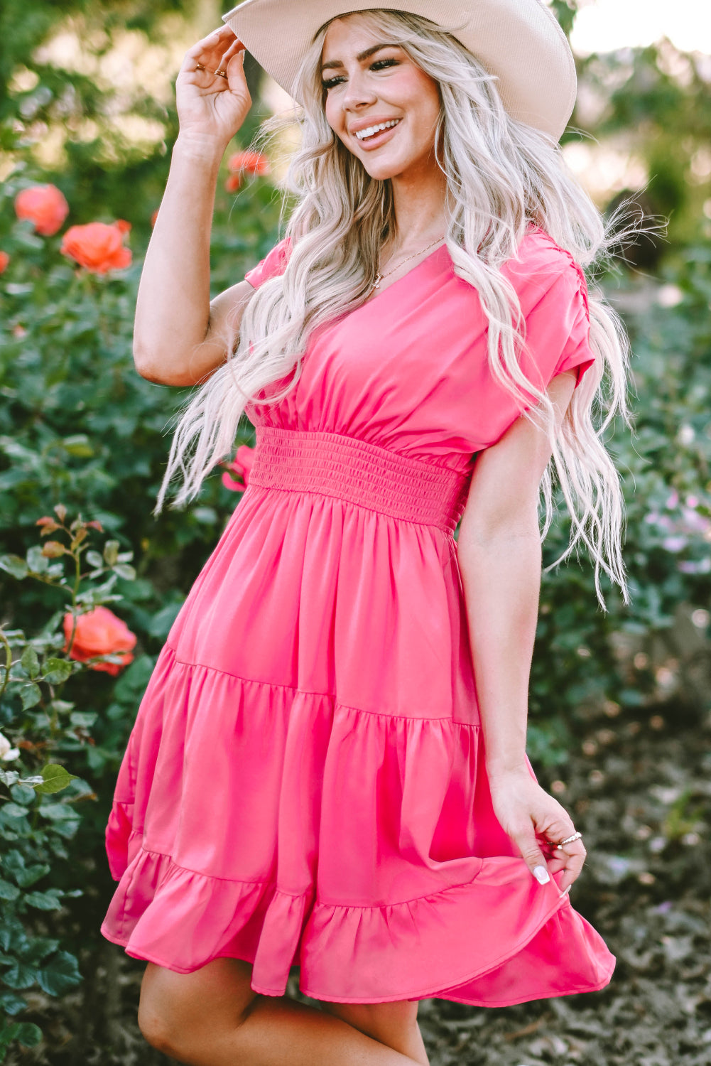 Strawberry Pink Ruched Sleeve V Neck Smock Waist Tiered Ruffled Dress