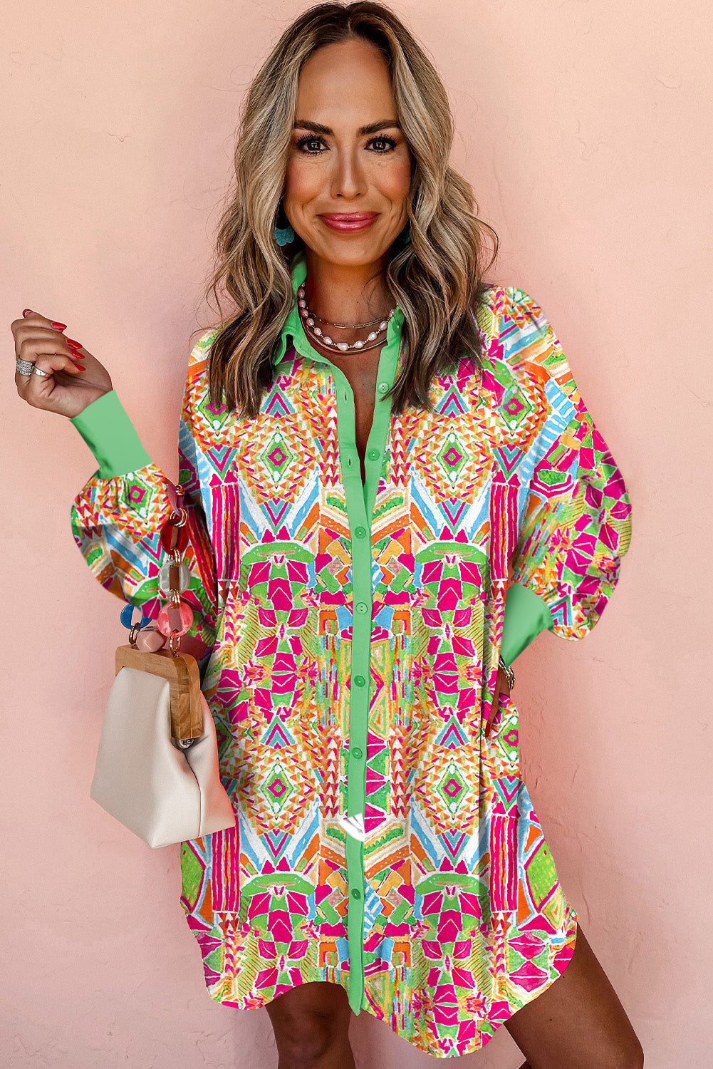 Orange Western Geometric Print Cuffed Shift Shirt Dress