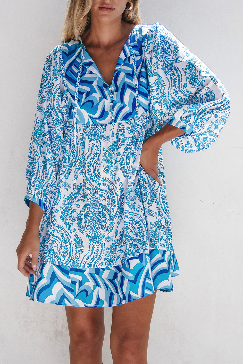 Sky Blue Bohemian Print Puff Sleeve Tied V Neck Flared Mini Dress