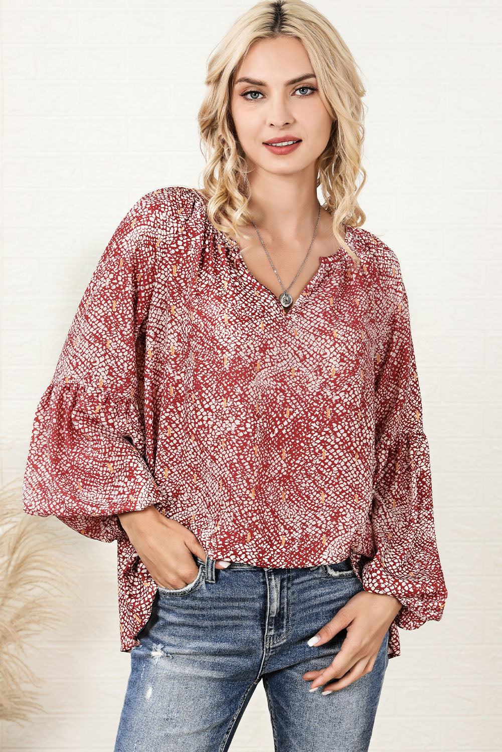 Fiery Red Pleated Lantern Sleeve Abstract Print Blouse