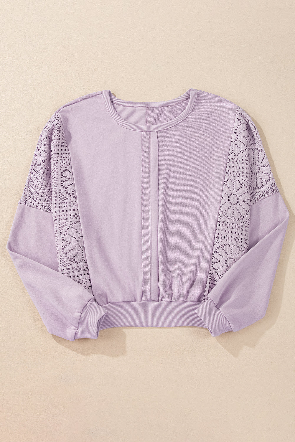 Orchid Petal Knit Crochet Exposed Seam Ribbed Trim Sweatshirt