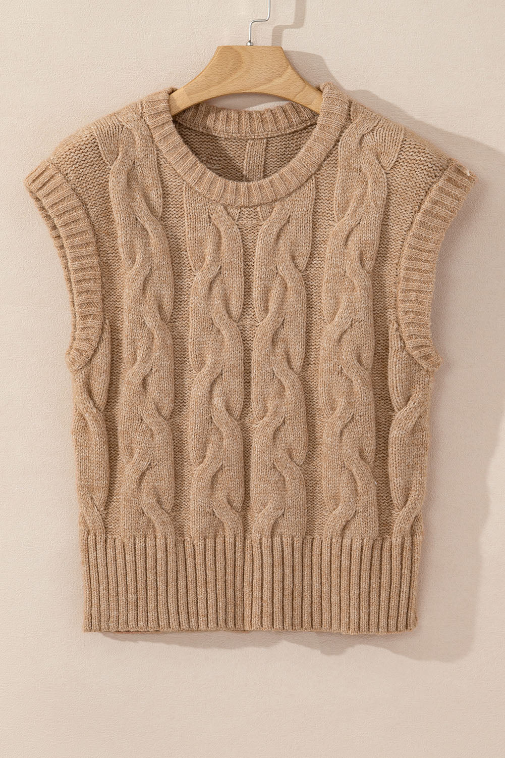 Light French Beige Cap Sleeve Cable Knit Sweater