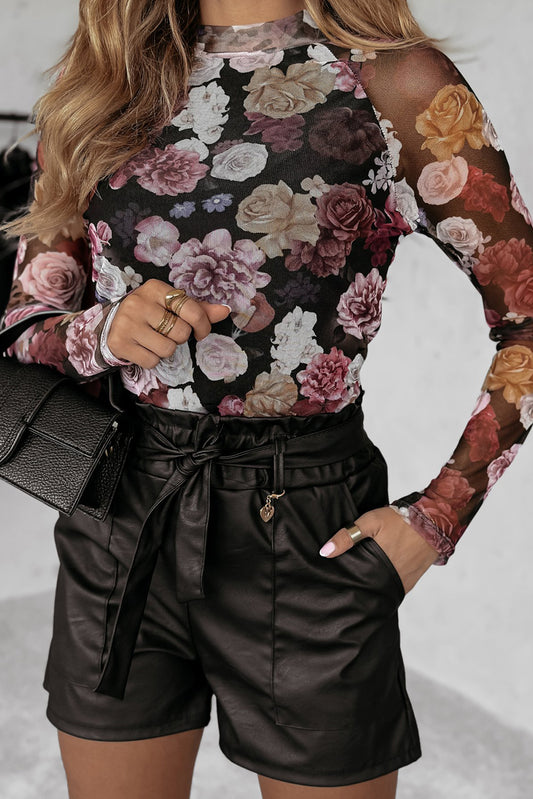 Pink Mesh Floral Print Mock Neck Long Sleeve Slim Top