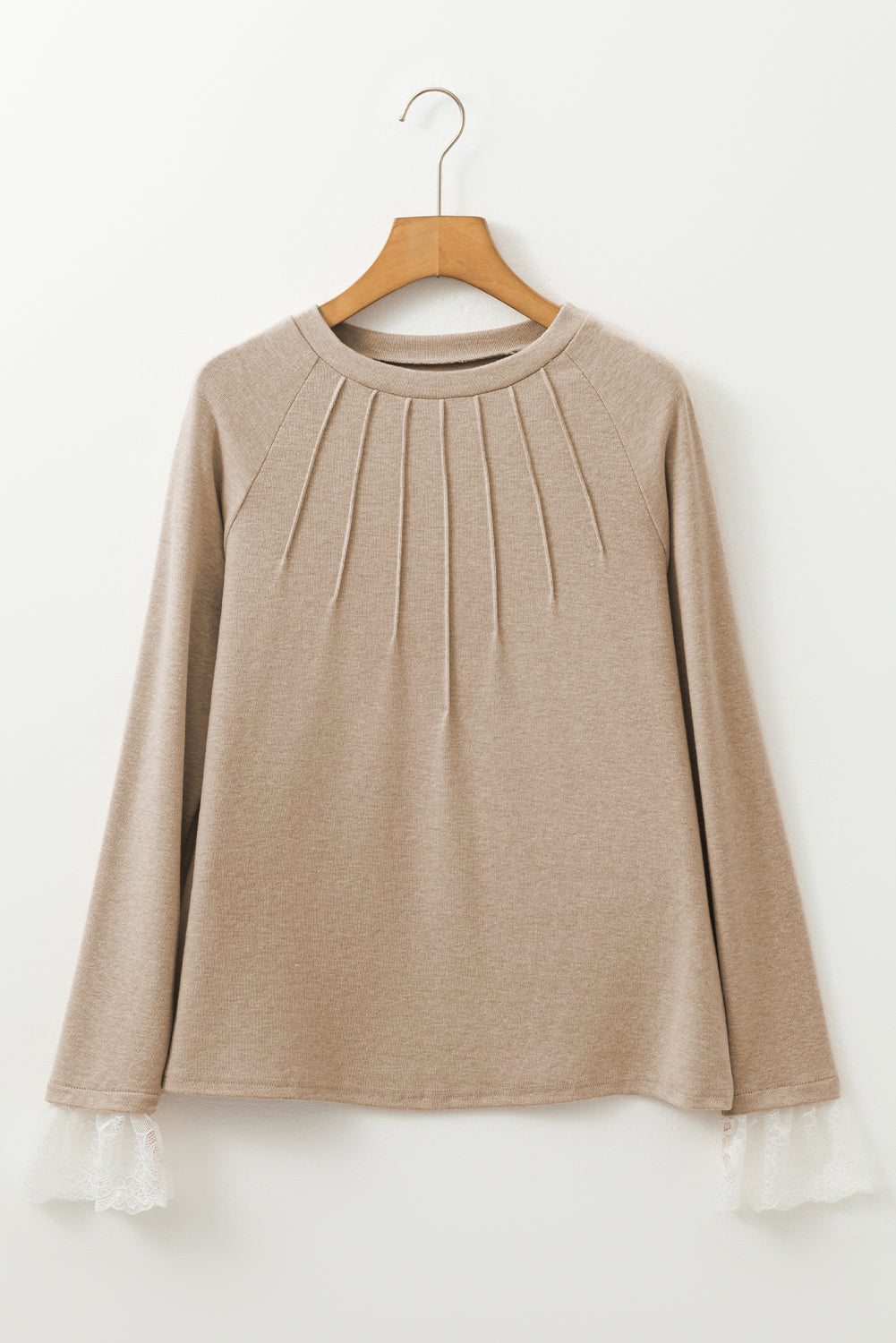 Parchment Seam Detail Lace Contrast Cuffs Raglan Sleeve Top