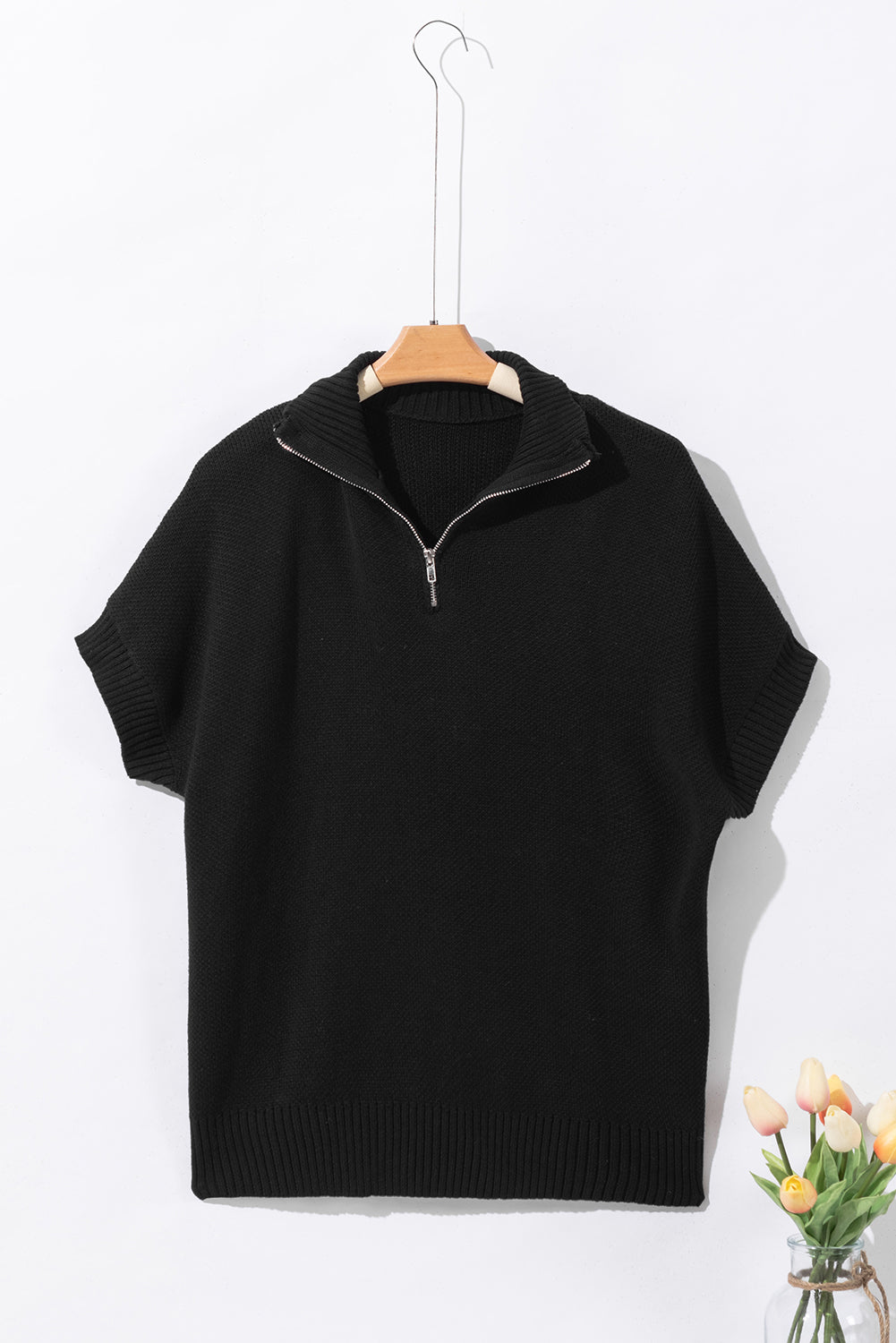 Black Quarter Zip Short Batwing Sleeve Sweater