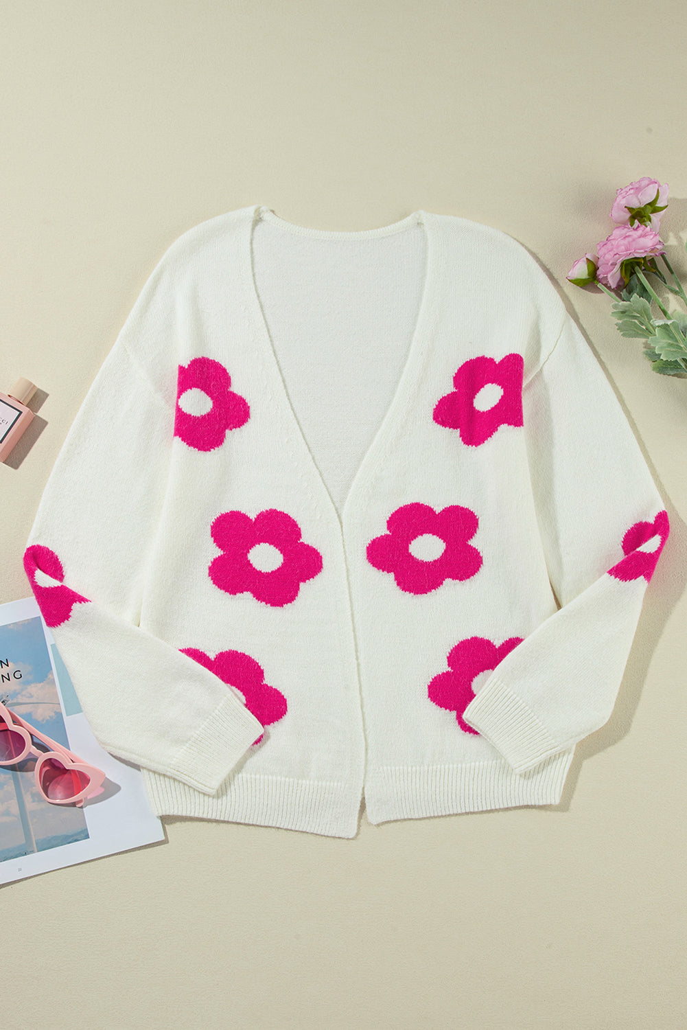 Rose Red Flower Pattern Open Front Cardigan