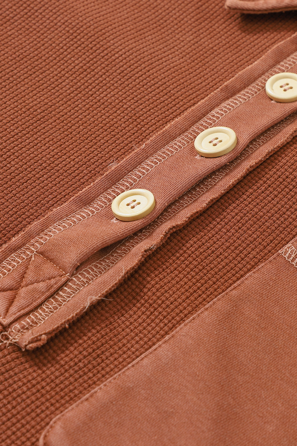 Chestnut Waffle Exposed Seam Pocket Henley Sweatshirt