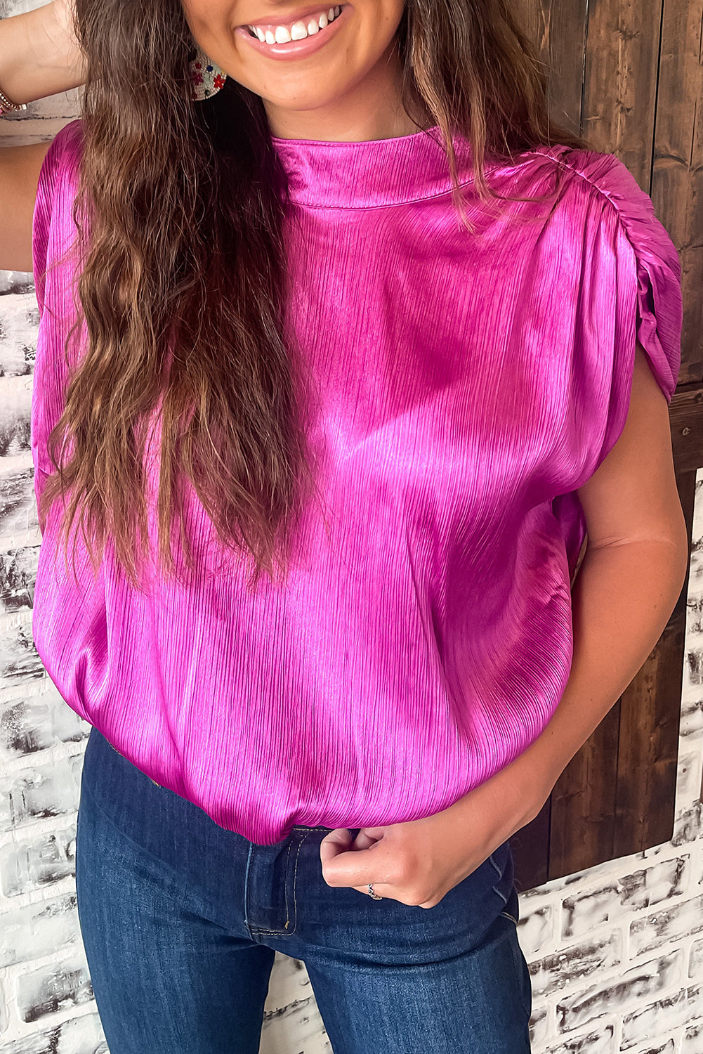 Bright Pink Ruched Sleeves Knotted Backless Blouse