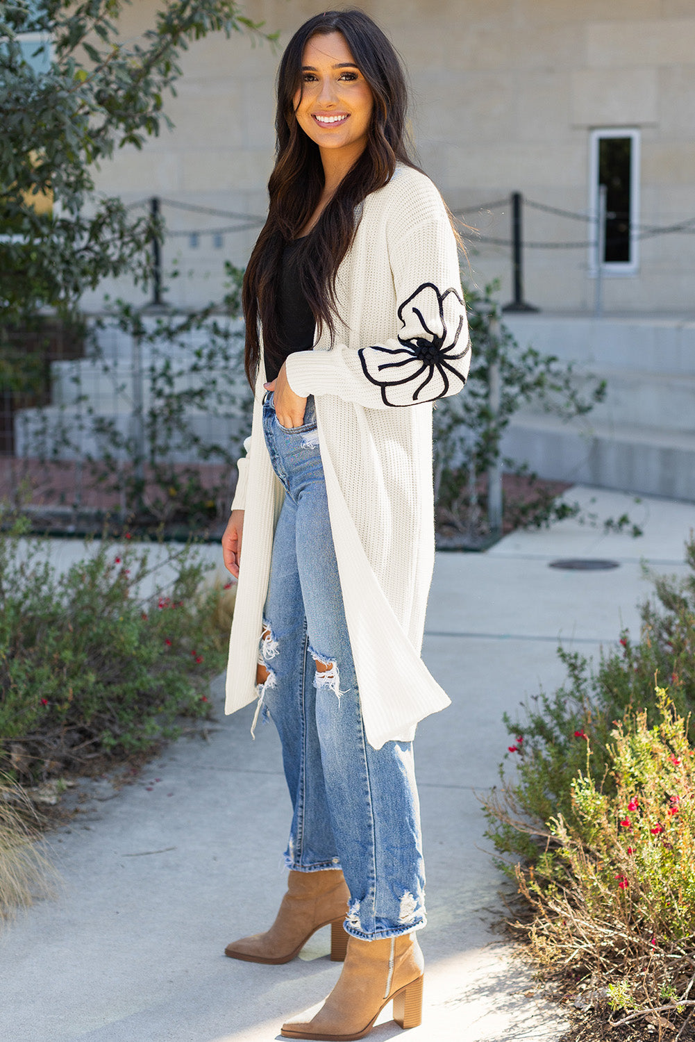 Beige Flower Embroidered Drop Shoulder Open Front Duster Cardigan