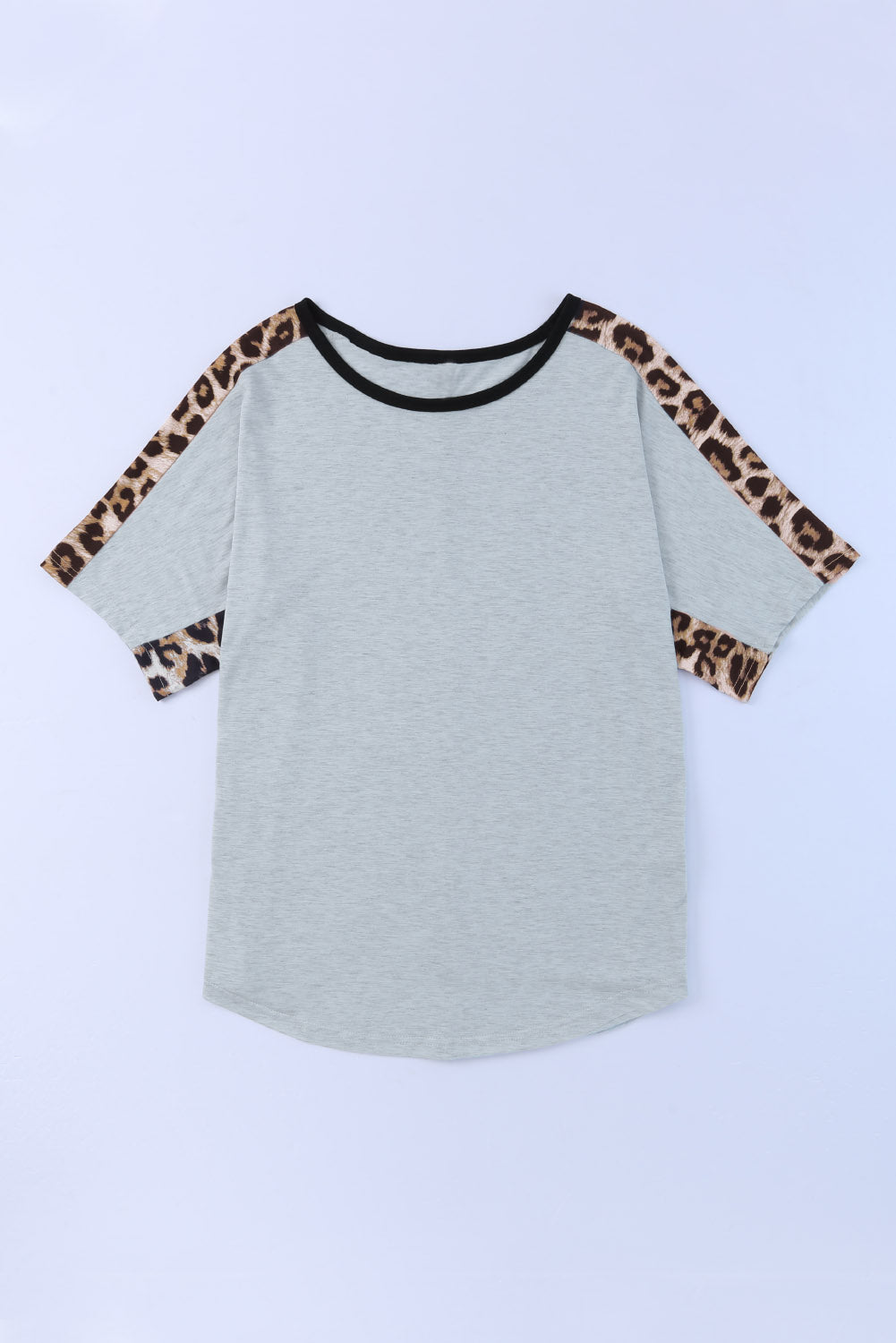 Gray Leopard Splicing O-neck Short Sleeve T Shirt