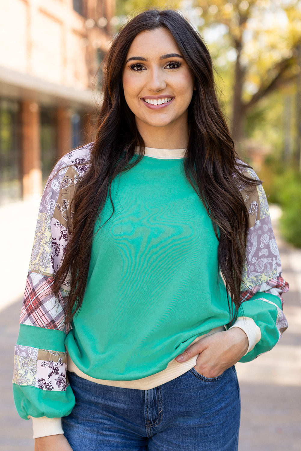 Blusa de manga larga raglán con diseño vintage de cachemira y cuadros escoceses en azul Aruba