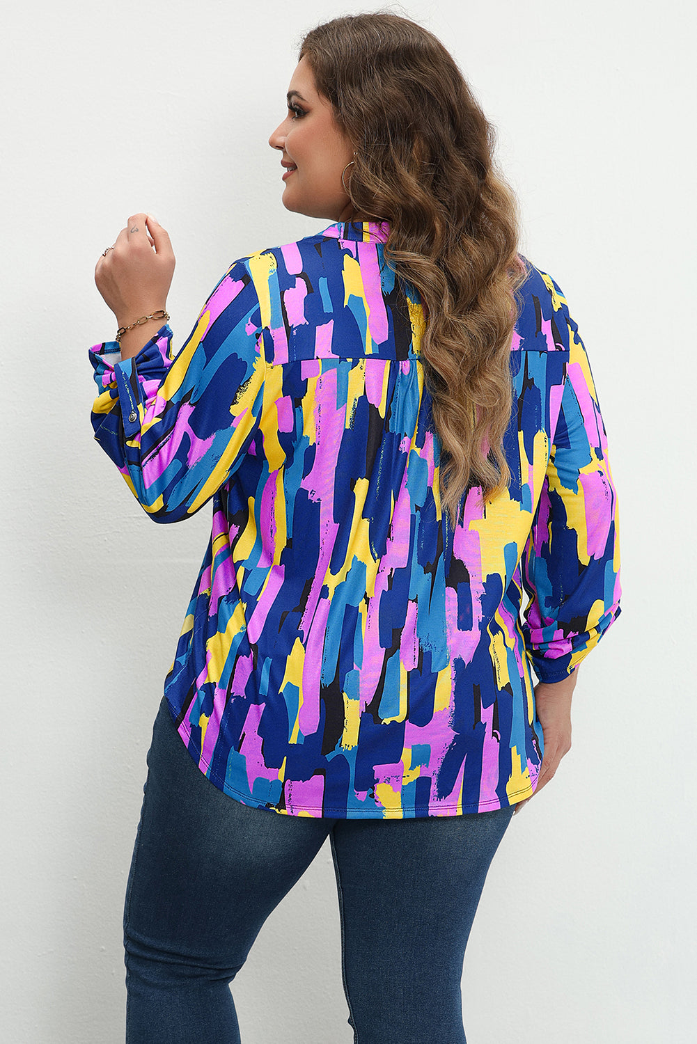 Blusa de manga 3/4 con estampado de pinceladas en talla grande en color azul