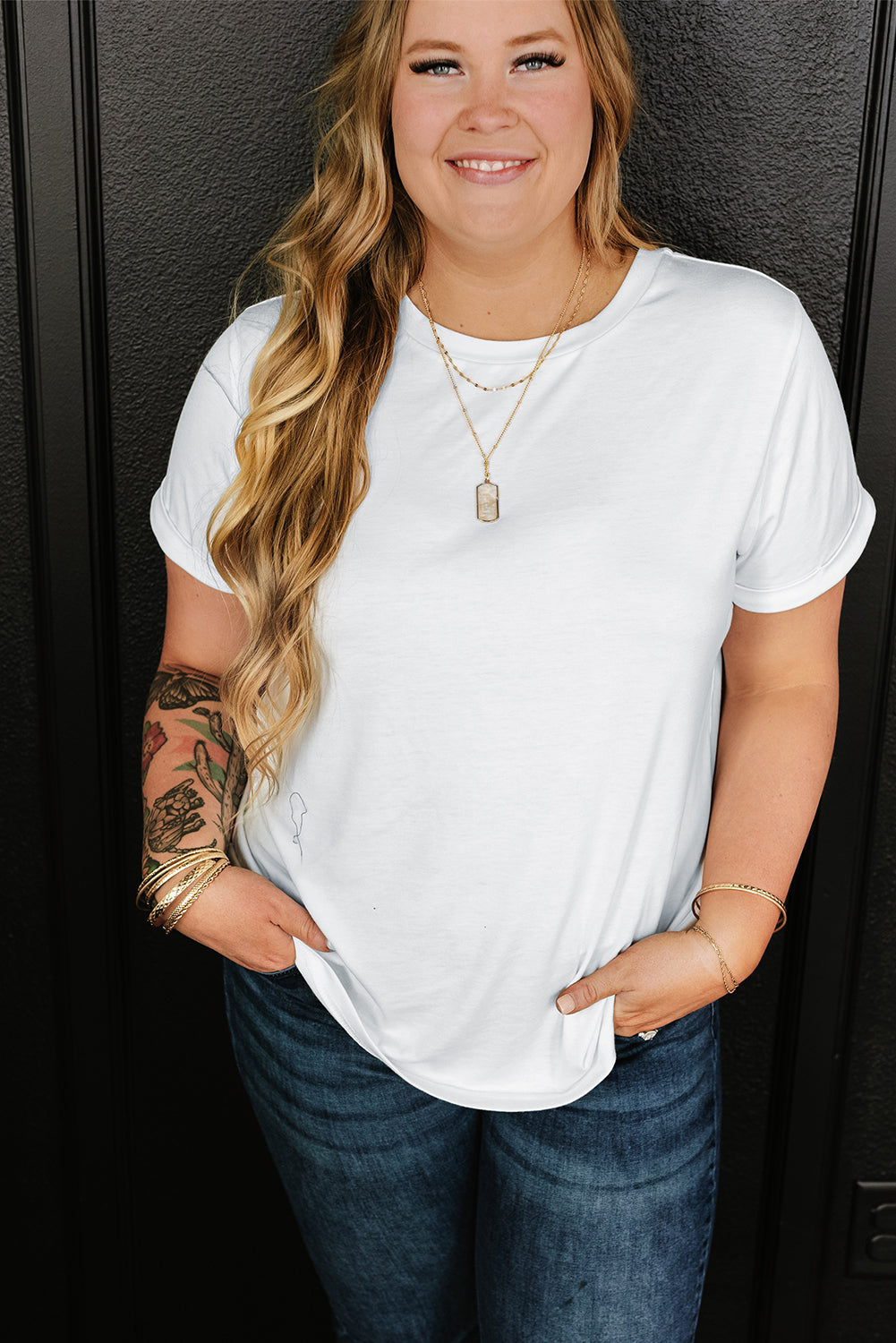 White Round Neck Rolled Sleeve Plus Size T-shirt