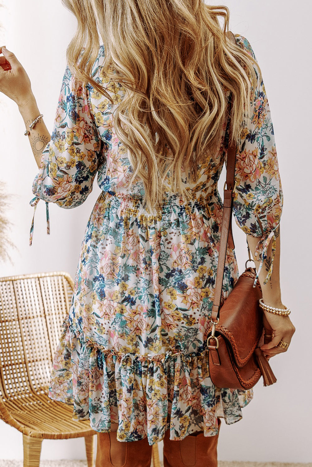 Sky Blue Floral 3/4 Sleeve V Neck High Waist Ruffled Dress