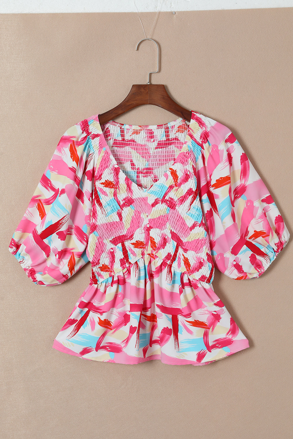 Pink Abstract Print Puff Sleeve Peplum Top