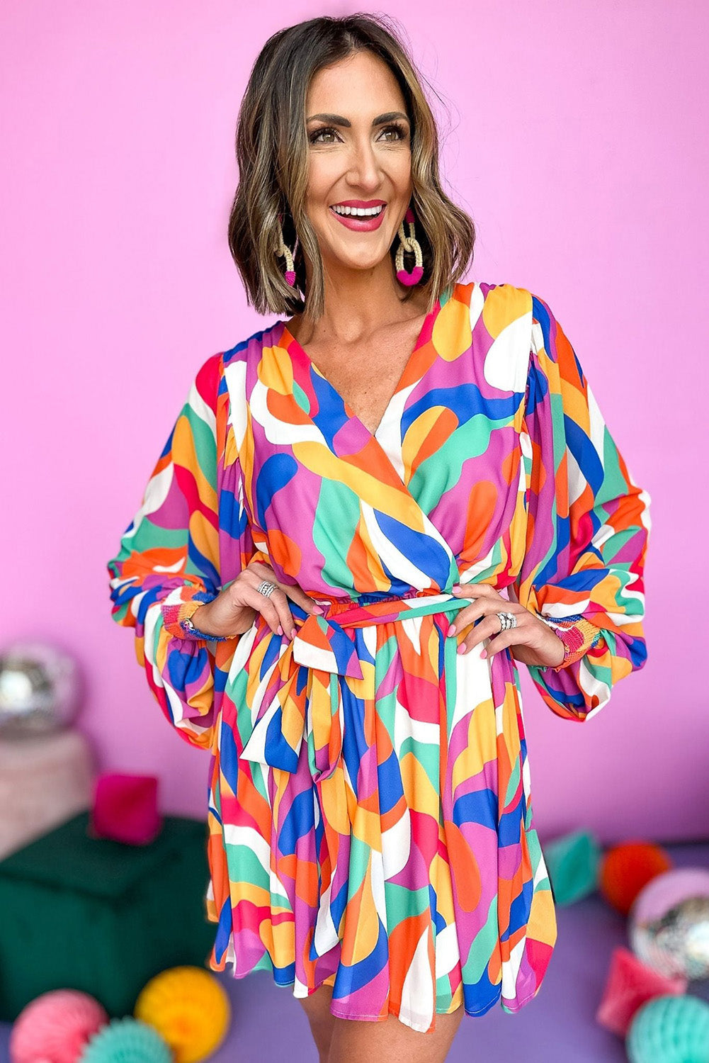 Multicolor Abstract Printed Belted Puff Sleeve Mini Dress