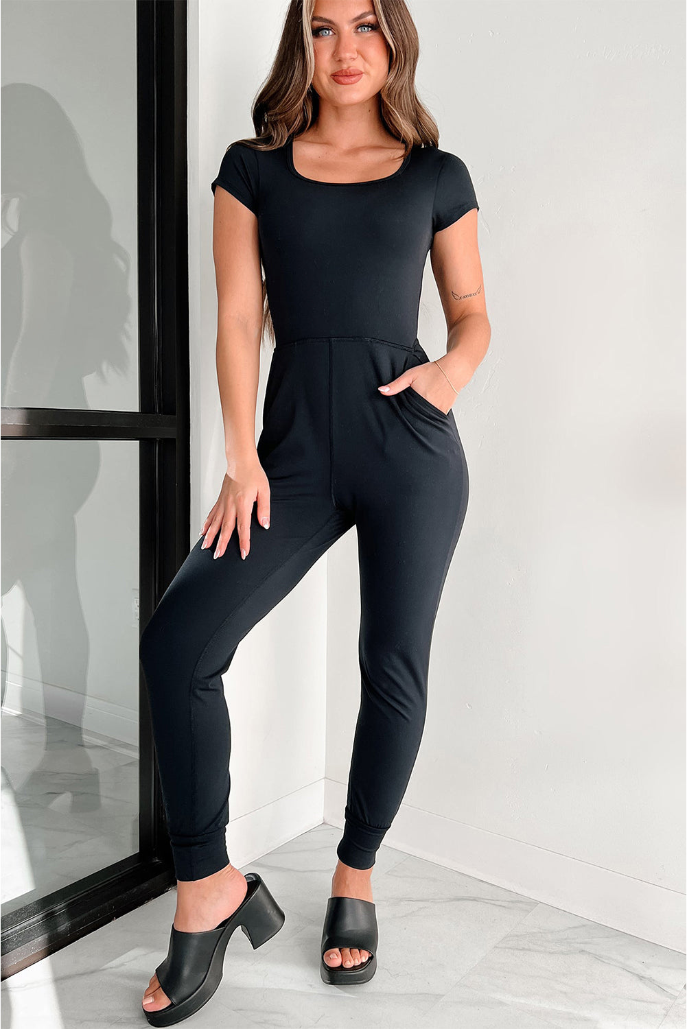 Black Short Sleeve Pocket Jogger Bottom Athleisure Jumpsuit